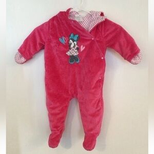 Disney Baby Pink Fleece Hooded Lined Snowsuit Minnie Mouse attached Mittens 6/9M